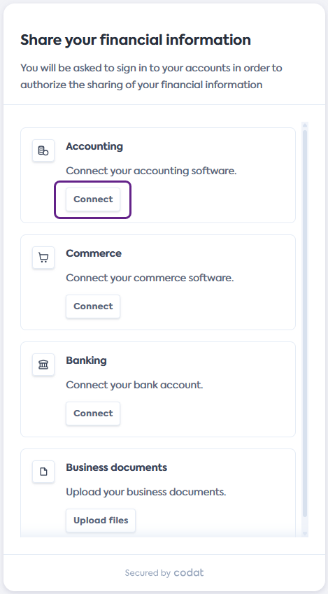 Screenshot of the Share your financial information screen of Codat's Link Flow. It lists the Accounting, Commerce, Banking, and Business Documents  with the Connect button of the Accounting section highlighted.