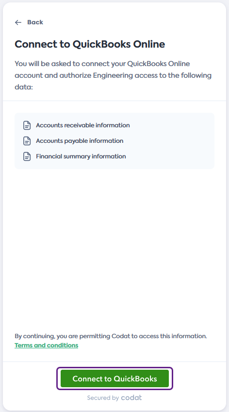 Screenshot of the Connect to QuickBooks Online screen of Codat's Link Flow. QuickBooks Online tile is highlighted with a number 1 written on it. Next button is also highlighted with a number 2 written on it.