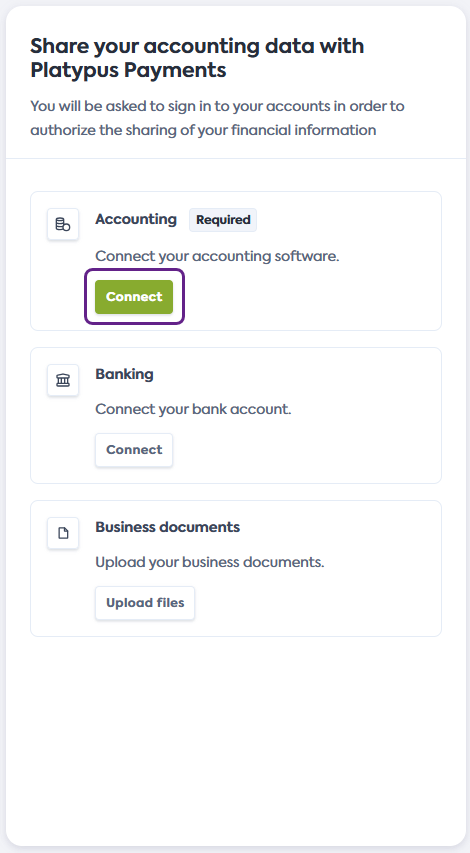 Screenshot of the Share your financial information screen of Codat's Link Flow. It lists the Accounting, Commerce, Banking, and Business Documents  with the Connect button of the Accounting section highlighted.