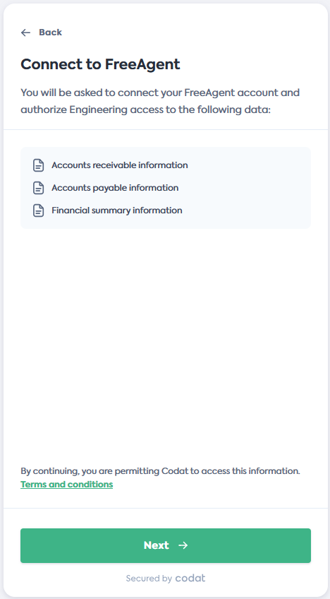 Screenshot of the Connect to FreeAgent screen of Codat's Link Flow.