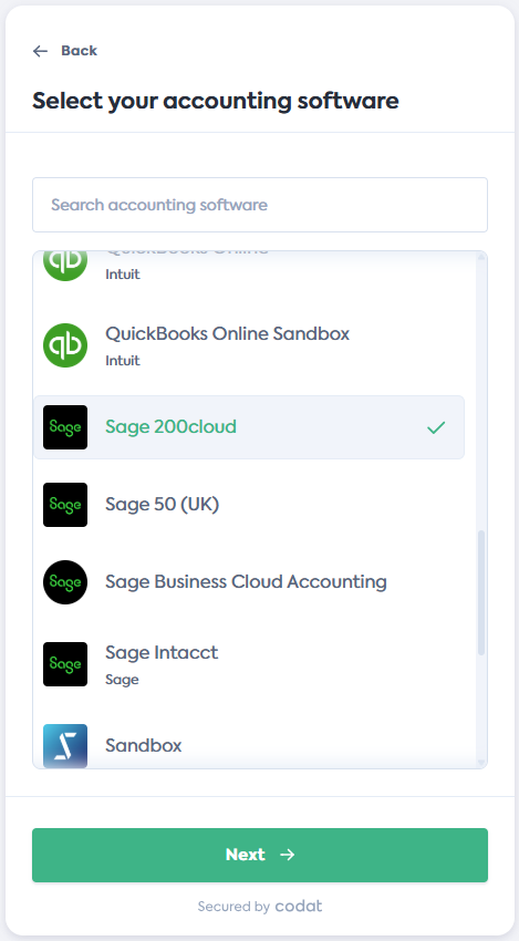 Screenshot of the Select your accounting software screen of Codat's Link Flow. It displays a list of integrations. Sage 200cloud tile is selected.