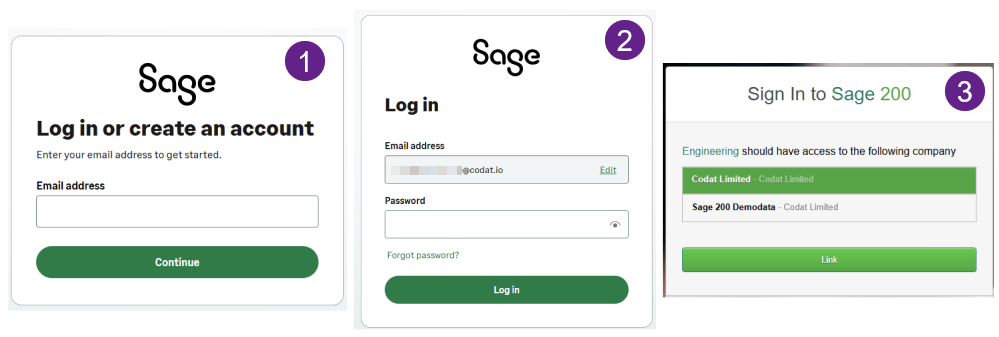 Screenshot of two screens of the Sage 200cloud interface requesting a login and password and a screen with company selection. Images are numbered one through three from left to right.