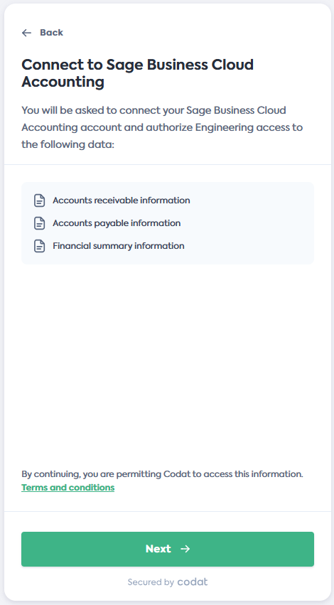 Screenshot of the Connect to Sage Business Cloud screen of Codat's Link Flow.